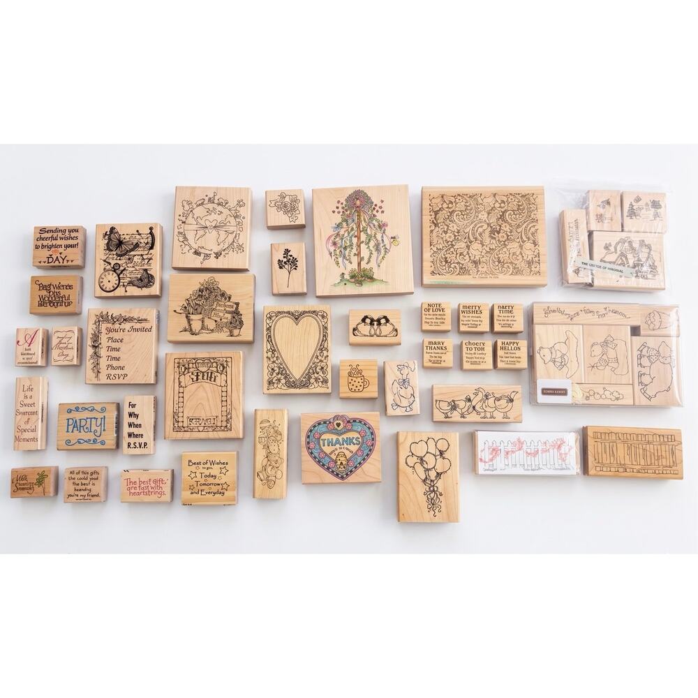 46 Piece Vintage Rubber Stamp Lot – Cottagecore / Garden / Sentiment Large & XL